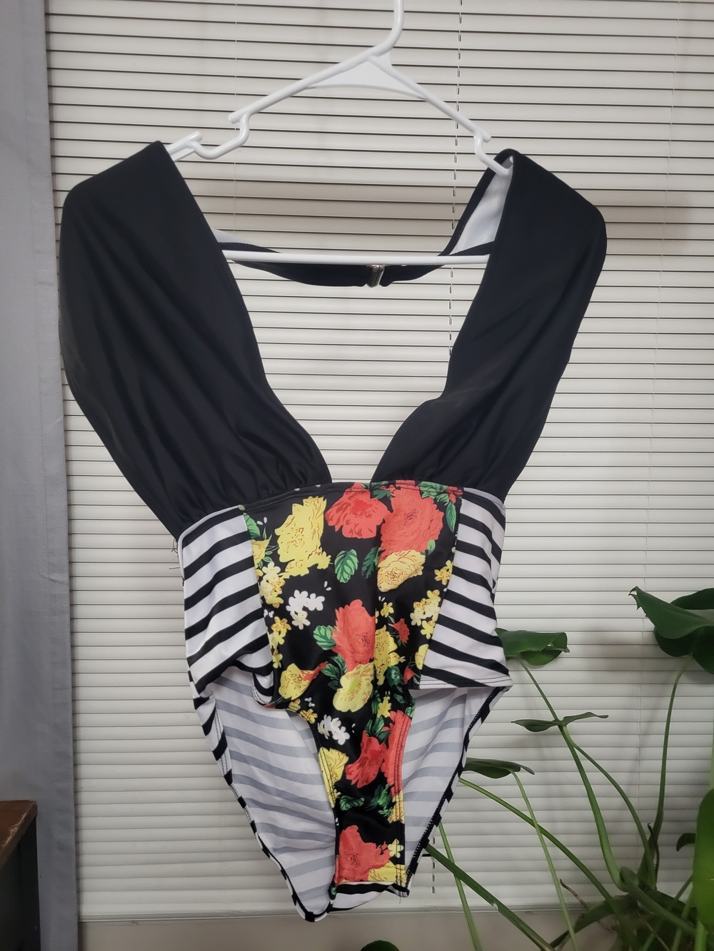 Black Floral & Striped One-Piece Swimsuit